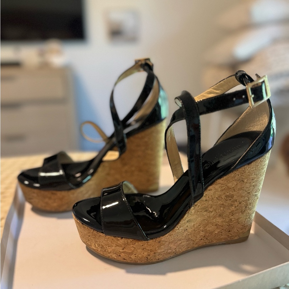 Jimmy Choo Portia Cork Wedge CrissCross Sandals - Black Patent - Picture 2 of 10